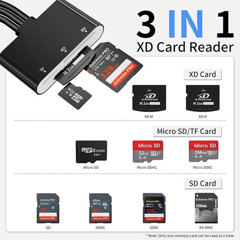 قارئ بطاقات XD، قارئ بطاقات SD 3 في 1 لهواتف iPhone، محول بطاقات SD/TF/XD مع Lightning/USB C/USB A، قارئ بطاقات صور XD لأجهزة iPhone 17/16/15/14/13/12، iPad، Android، الكمبيوتر الشخصي، التوصيل والتشغيل in Kuwait