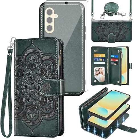 Asuwish Phone Case for Samsung Galaxy S24 FE 5G Zipper Wallet Magnetic Detachable Cell Cover with Tempered Glass Screen Protector Crossbody Strap Flower Card Holder S 24 EF S24FE 24S Women Girls Gray in Kuwait