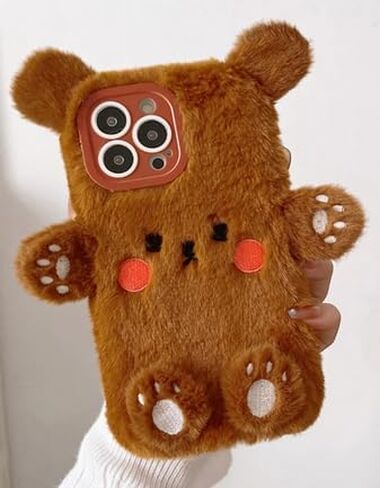 Fluffy Case for iPhone 16e 6.1"(2025) Cute Bear Cartoon Case for Girls Women Winter Warm Soft TPU Bumper Plush Fuzzy Fur Back Protective Phone Cover (Brown) in Kuwait