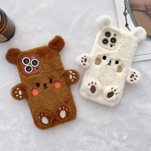 Fluffy Case for iPhone 16e 6.1"(2025) Cute Bear Cartoon Case for Girls Women Winter Warm Soft TPU Bumper Plush Fuzzy Fur Back Protective Phone Cover (Brown) in Kuwait