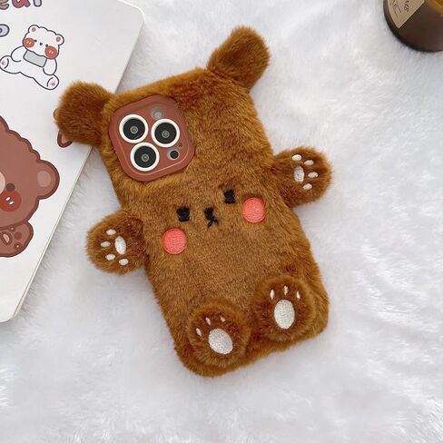 Fluffy Case for iPhone 16e 6.1"(2025) Cute Bear Cartoon Case for Girls Women Winter Warm Soft TPU Bumper Plush Fuzzy Fur Back Protective Phone Cover (Brown) in Kuwait