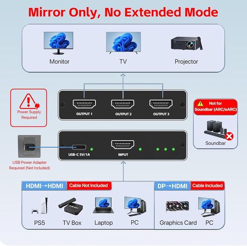 منفذ عرض KiWiBiRD إلى HDMI Splitter 1 في 3 مخرج، محول شاشة ثلاثي 4K DP إلى HDMI، يدعم وضع المرآة 2160p 1440p 1080p HDCP، متوافق مع شاشات TV Box Gaming PC Laptop PS5 PS4 in Kuwait