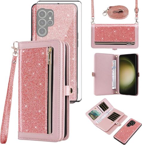Asuwish Phone Case for Samsung Galaxy S25 Ultra 5G Zipper Wallet Cell Cover with Screen Protector Strap Bling Glitter Flip Card Holder Slot S25Ultra 25S S 25 25Ultra 6.9 2025 Women Men Girls Black in Kuwait