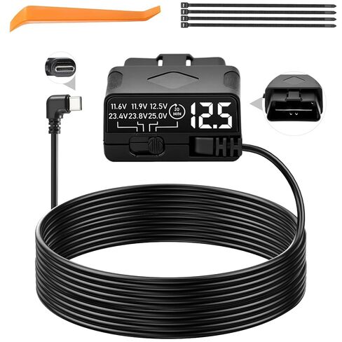 OBD2 to USB C Power Cable for Dash Cam, Plug and Play Dashcam Hardwire Kit with LED Voltmeter, 4-Level Low Voltage Protection (11.6V/11.9V/12.5V/20min), 12V-24V to 5V/3A for Parking Mode, 11.5ft/3.5M in Kuwait