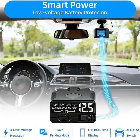 OBD2 to USB C Power Cable for Dash Cam, Plug and Play Dashcam Hardwire Kit with LED Voltmeter, 4-Level Low Voltage Protection (11.6V/11.9V/12.5V/20min), 12V-24V to 5V/3A for Parking Mode, 11.5ft/3.5M in Kuwait