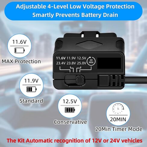 OBD2 to USB C Power Cable for Dash Cam, Plug and Play Dashcam Hardwire Kit with LED Voltmeter, 4-Level Low Voltage Protection (11.6V/11.9V/12.5V/20min), 12V-24V to 5V/3A for Parking Mode, 11.5ft/3.5M in Kuwait