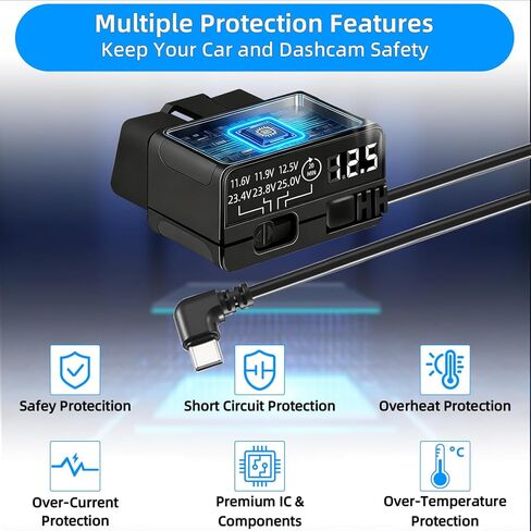 OBD2 to USB C Power Cable for Dash Cam, Plug and Play Dashcam Hardwire Kit with LED Voltmeter, 4-Level Low Voltage Protection (11.6V/11.9V/12.5V/20min), 12V-24V to 5V/3A for Parking Mode, 11.5ft/3.5M in Kuwait