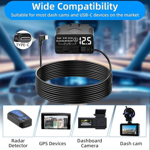 OBD2 to USB C Power Cable for Dash Cam, Plug and Play Dashcam Hardwire Kit with LED Voltmeter, 4-Level Low Voltage Protection (11.6V/11.9V/12.5V/20min), 12V-24V to 5V/3A for Parking Mode, 11.5ft/3.5M in Kuwait