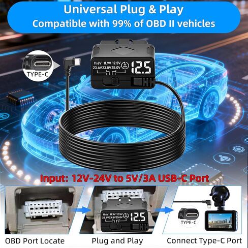OBD2 to USB C Power Cable for Dash Cam, Plug and Play Dashcam Hardwire Kit with LED Voltmeter, 4-Level Low Voltage Protection (11.6V/11.9V/12.5V/20min), 12V-24V to 5V/3A for Parking Mode, 11.5ft/3.5M in Kuwait