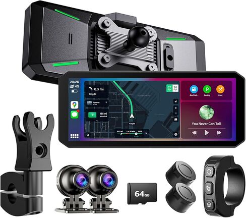 YESOK MT7 7 بوصات كاميرا أمامية وخلفية للدراجات النارية مع مستشعر إطارات TPMS، وكاميرا دراجة نارية مزدوجة 1080 بكسل، وCarPlay لاسلكي وAndroid Auto، IP67 مقاومة للماء، 5G Wi-Fi، بطاقة 64 جيجابايت متضمنة، رؤية ليلية in Kuwait