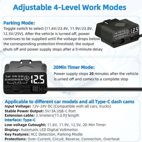 OBD2 to USB C Power Cable for Dash Cam, Plug and Play Dashcam Hardwire Kit with LED Voltmeter, 4-Level Low Voltage Protection (11.6V/11.9V/12.5V/20min), 12V-24V to 5V/3A for Parking Mode, 11.5ft/3.5M in Kuwait