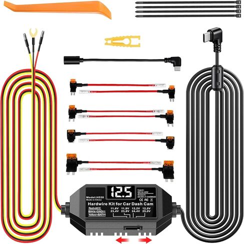 Dash Cam Hardwire Kit USB C, 12V-24V to 5V Type C Hardwire Kit with LED Voltmeter, 4-Level Adjustable Low Voltage Protection, 3-Lead Power Cable for Dash Camera Parking Mode & Continuous Recording in Kuwait
