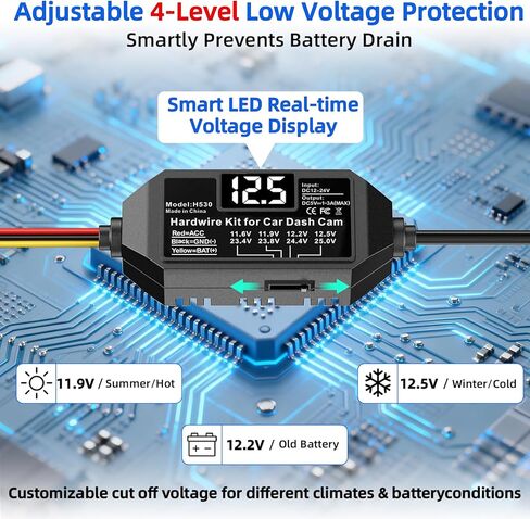 Dash Cam Hardwire Kit USB C, 12V-24V to 5V Type C Hardwire Kit with LED Voltmeter, 4-Level Adjustable Low Voltage Protection, 3-Lead Power Cable for Dash Camera Parking Mode & Continuous Recording in Kuwait