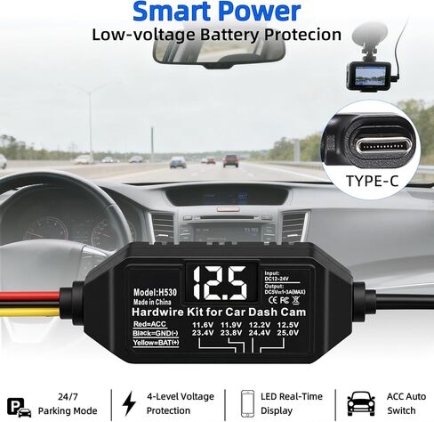 Dash Cam Hardwire Kit USB C, 12V-24V to 5V Type C Hardwire Kit with LED Voltmeter, 4-Level Adjustable Low Voltage Protection, 3-Lead Power Cable for Dash Camera Parking Mode & Continuous Recording in Kuwait