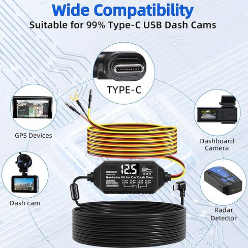 Dash Cam Hardwire Kit USB C, 12V-24V to 5V Type C Hardwire Kit with LED Voltmeter, 4-Level Adjustable Low Voltage Protection, 3-Lead Power Cable for Dash Camera Parking Mode & Continuous Recording in Kuwait