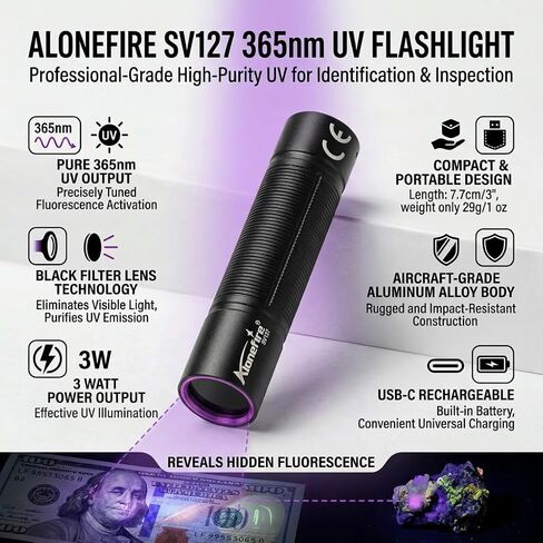 ALONEFIRE SV127 Mini 365nm UV Light USB-C Rechargeable Blacklight Pet Urine Detector Money Scorpion Detection with Built-in Battery in Saudi Arabia