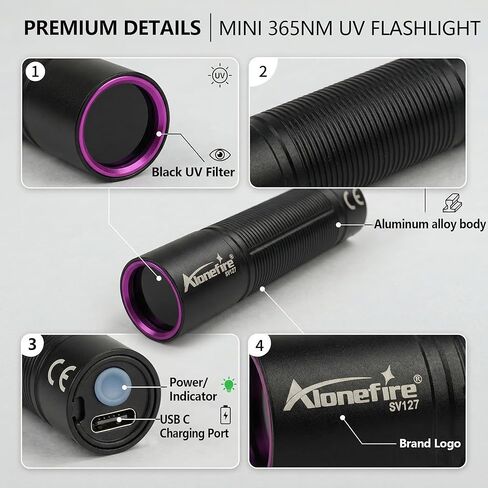 ALONEFIRE SV127 Mini 365nm UV Light USB-C Rechargeable Blacklight Pet Urine Detector Money Scorpion Detection with Built-in Battery in Saudi Arabia