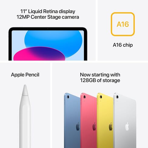 Apple iPad 11 بوصة: شريحة A16، طراز 11 بوصة، شاشة Retina سائلة، 128 جيجابايت، Wi-Fi 6، كاميرا أمامية 12 ميجابكسل/12 ميجابكسل، معرف اللمس، عمر البطارية طوال اليوم - فضي مع قلم Apple (USB-C) in Kuwait
