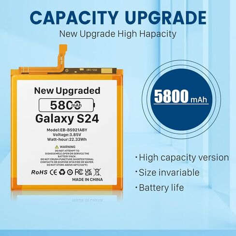 بطارية SHENMZ Galaxy S24، 2026 مطورة جديدة، 5800 مللي أمبير في الساعة EB-BS921ABY EB-BS922ABY بطارية ليثيوم أيون متوافقة مع سلسلة Samsung Galaxy S24 5G SM-S921U/U1/W/B/E/N، مع مجموعة أدوات لاصقة in Kuwait