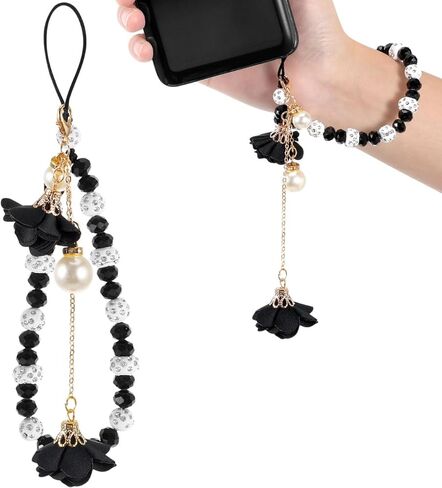 IMIKEYA Crystal Phone Lanyard Black Beaded Phone Bracelet Strap, Non-slip Flower Hand Wrist Strap for Cell Charm Decoration, Short String Accessory in Kuwait