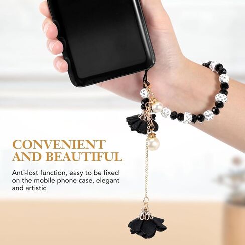 IMIKEYA Crystal Phone Lanyard Black Beaded Phone Bracelet Strap, Non-slip Flower Hand Wrist Strap for Cell Charm Decoration, Short String Accessory in Kuwait