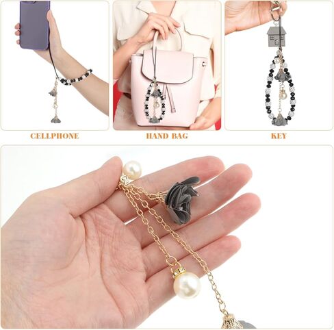 IMIKEYA Crystal Phone Lanyard Black Beaded Phone Bracelet Strap, Non-slip Flower Hand Wrist Strap for Cell Charm Decoration, Short String Accessory in Kuwait