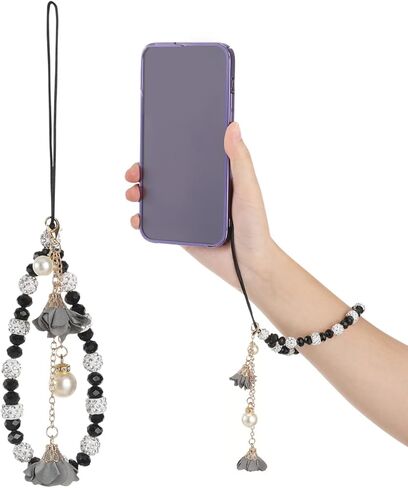 IMIKEYA Crystal Phone Lanyard Black Beaded Phone Bracelet Strap, Non-slip Flower Hand Wrist Strap for Cell Charm Decoration, Short String Accessory in Kuwait