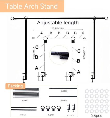 Over The Table Rod Stand with Clamps Adjustable 29"-42" high 28"-98" Long Metal Black Adjustable Table Arch Hanging Suitable for Weddings Birthday Party Christmas Anniversary Decoration in Kuwait