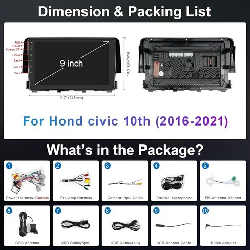 【8 core 4GB+64GB】 Car Stereo for Honda Civic 2016 2017 2018 2019 2020 2021, 9 Inch Touch Screen Wireless Carplay Andriod Auto, 5G Wi-Fi Bluetooth GPS SWC DSP FM in Kuwait