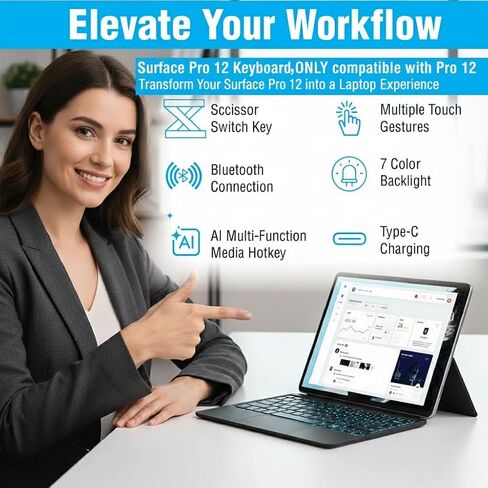 حافظة لوحة مفاتيح Surface Pro 12، غطاء قابل للفصل مغناطيسي لاسلكي بتقنية البلوتوث مع 7 مفاتيح بإضاءة خلفية ملونة، لوحة تتبع متعددة اللمس، تنبيه ذكي للنوم، نحيف للغاية قابل لإعادة الشحن لجهاز Microsoft Surface Pro 12" in Kuwait