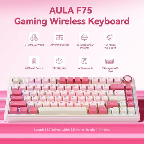 AULA F75 Wireless Keyboard, 75% Gaming Keyboard Hot Swappable with Creamy Sound,Bluetooth/2.4GHz/USB-C,Custom RGB Mechanical Keyboard for PC Gamer - Pink in Kuwait