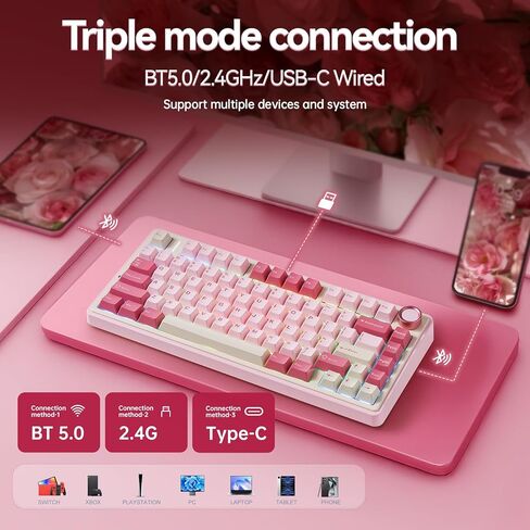 AULA F75 Wireless Keyboard, 75% Gaming Keyboard Hot Swappable with Creamy Sound,Bluetooth/2.4GHz/USB-C,Custom RGB Mechanical Keyboard for PC Gamer - Pink in Kuwait