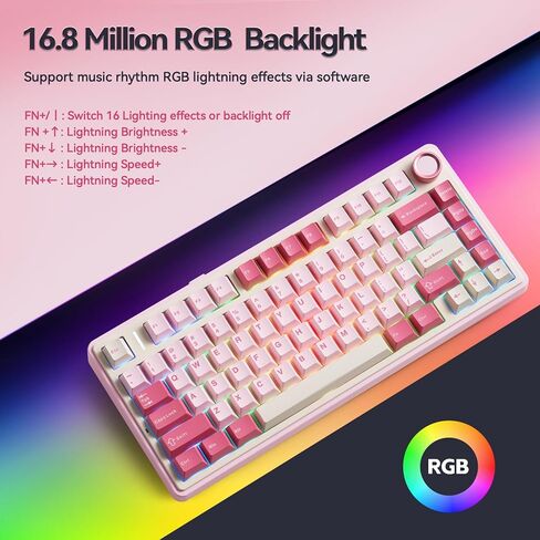 AULA F75 Wireless Keyboard, 75% Gaming Keyboard Hot Swappable with Creamy Sound,Bluetooth/2.4GHz/USB-C,Custom RGB Mechanical Keyboard for PC Gamer - Pink in Kuwait