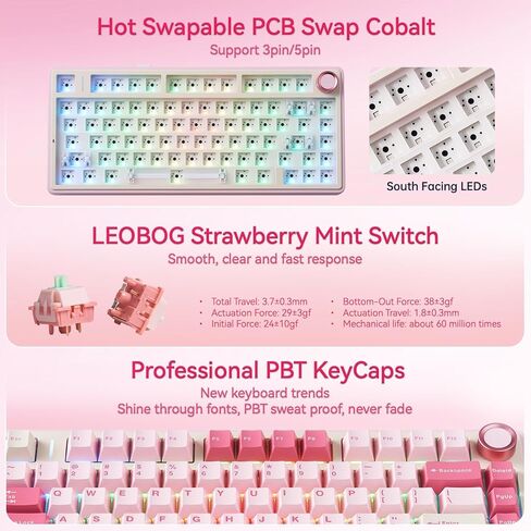 AULA F75 Wireless Keyboard, 75% Gaming Keyboard Hot Swappable with Creamy Sound,Bluetooth/2.4GHz/USB-C,Custom RGB Mechanical Keyboard for PC Gamer - Pink in Kuwait