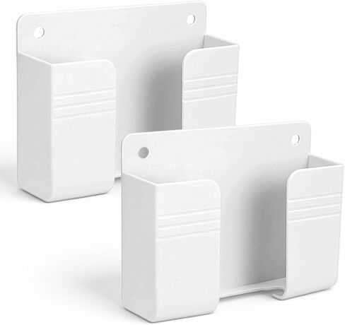 TIESOME 2 Pcs Wall Mount Phone Holder, Plastic Self-Adhesive Phone Stand with Cable Hole for Charging, Remote Control Storage Box (White, 3.74x2.95x0.98 in) in Kuwait