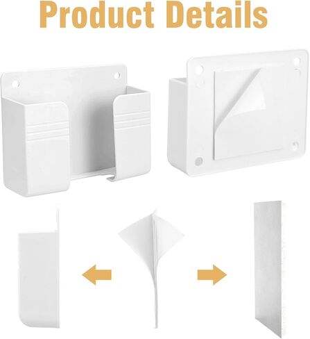 TIESOME 2 Pcs Wall Mount Phone Holder, Plastic Self-Adhesive Phone Stand with Cable Hole for Charging, Remote Control Storage Box (White, 3.74x2.95x0.98 in) in Kuwait