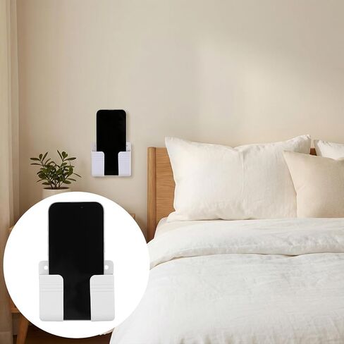 TIESOME 2 Pcs Wall Mount Phone Holder, Plastic Self-Adhesive Phone Stand with Cable Hole for Charging, Remote Control Storage Box (White, 3.74x2.95x0.98 in) in Kuwait