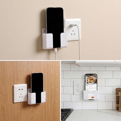 TIESOME 2 Pcs Wall Mount Phone Holder, Plastic Self-Adhesive Phone Stand with Cable Hole for Charging, Remote Control Storage Box (White, 3.74x2.95x0.98 in) in Kuwait
