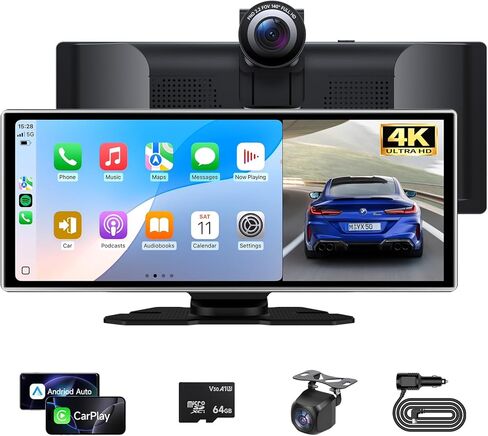 11.26'' Portable Carplay Screen for Car with 4K Dash Cam & 1080P Backup Camera, Wireless A-pple Carplay & Android Auto in Cell Touchscreen Bluetooth Smart Car Screen, Navigation/Mirror Link/Siri/FM in Kuwait