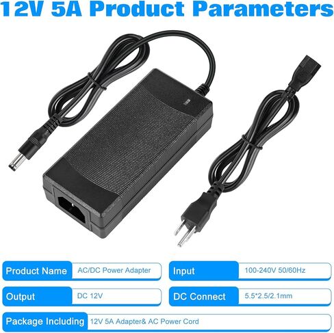 Power Supply 12V 5A,AC 100-240V to DC12V 60W Converter Adapter Driver Transformer with 5.5mm x 2.5mm Jack, US Plug for Led Strips,LCD Monitors,CCTV Camera(2PCS) in Kuwait