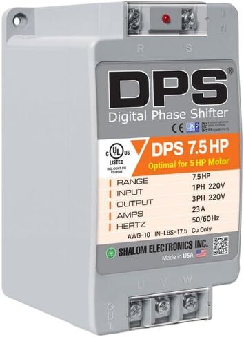 محول DPS أمريكي أحادي الطور إلى 3 مراحل، 7.5 حصان، 23 أمبير، الإدخال/الإخراج 200 فولت - 240 فولت، محول الطور الرقمي، يجب استخدامه لمحرك 5 حصان (3.7 كيلو واط) 15 أمبير، يجب استخدام DPS لمحرك واحد فقط، مدرج في قائمة UL in Kuwait
