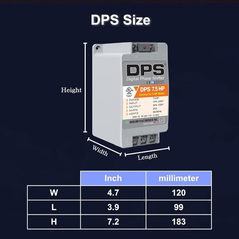 محول DPS أمريكي أحادي الطور إلى 3 مراحل، 7.5 حصان، 23 أمبير، الإدخال/الإخراج 200 فولت - 240 فولت، محول الطور الرقمي، يجب استخدامه لمحرك 5 حصان (3.7 كيلو واط) 15 أمبير، يجب استخدام DPS لمحرك واحد فقط، مدرج في قائمة UL in Kuwait