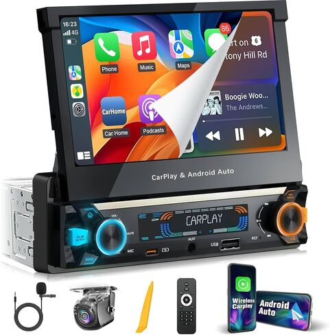 【SOOEMAKA】 راديو بشاشة تعمل باللمس Din واحد مع Carplay لاسلكي وAndroid Auto، 7 بوصة QLED بمحرك قابل للطي ترقية ستيريو السيارة PD/QC 3.0 Type-C شحن سريع/واي فاي مزدوج/بلوتوث 5.1/AM/FM/DSP (قلب) in Kuwait