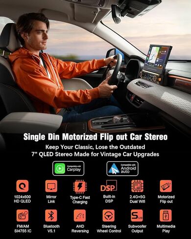 【SOOEMAKA】 راديو بشاشة تعمل باللمس Din واحد مع Carplay لاسلكي وAndroid Auto، 7 بوصة QLED بمحرك قابل للطي ترقية ستيريو السيارة PD/QC 3.0 Type-C شحن سريع/واي فاي مزدوج/بلوتوث 5.1/AM/FM/DSP (قلب) in Kuwait