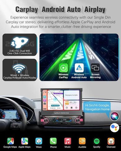 【SOOEMAKA】 راديو بشاشة تعمل باللمس Din واحد مع Carplay لاسلكي وAndroid Auto، 7 بوصة QLED بمحرك قابل للطي ترقية ستيريو السيارة PD/QC 3.0 Type-C شحن سريع/واي فاي مزدوج/بلوتوث 5.1/AM/FM/DSP (قلب) in Kuwait