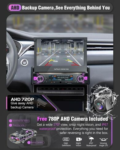 【SOOEMAKA】 راديو بشاشة تعمل باللمس Din واحد مع Carplay لاسلكي وAndroid Auto، 7 بوصة QLED بمحرك قابل للطي ترقية ستيريو السيارة PD/QC 3.0 Type-C شحن سريع/واي فاي مزدوج/بلوتوث 5.1/AM/FM/DSP (قلب) in Kuwait