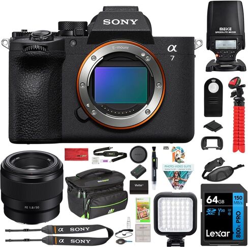 مجموعة كاميرا Sony ILCE-7M5/B a7 V كاملة الإطار بدون مرآة مع عدسة FE مقاس 50 مم F1.8، وفلاش Speedlight MK320، وحامل أحادي 72 بوصة، وبطاقة ذاكرة 64 جيجابايت، ومجموعة Corel Photo Video Suite، وحقيبة كاميرا صور ديكو + المزيد in Kuwait