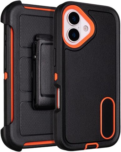 for Phone Case iPhone 16 Case with Belt Clip Holster, Rugged Protective for Outdoor Adventures, Military-Grade Shockproof Cover with Clip Kickstand, Dustproof Port Protection (Black Orange) in Saudi Arabia
