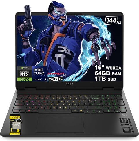 HP Omen 16 Slim Gaming AI Laptop 16" WUXGA IPS 144Hz Intel 16-core Ultra 9 285H 32GB RAM 1TB SSD GeForce RTX 5070 GDDR7 DLSS4 (Up to 988 Tops) 4-Zone RGB Backlit Wi-Fi6E HyperX Win11 ICP Hub in Kuwait