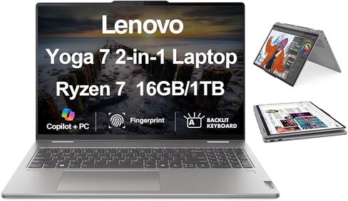 Lenovo Yoga 7 Copilot + كمبيوتر محمول 2 في 1 شاشة لمس IPS WUXGA مقاس 16.0 بوصة (AMD Ryzen 7 8840HS، 16 جيجابايت LPDDR5X، 512 جيجابايت SSD، لوحة مفاتيح بإضاءة خلفية، بصمة الإصبع، WiFi 6E، كاميرا ويب، بلوتوث 5.3، ويندوز 11 هوم) in Kuwait